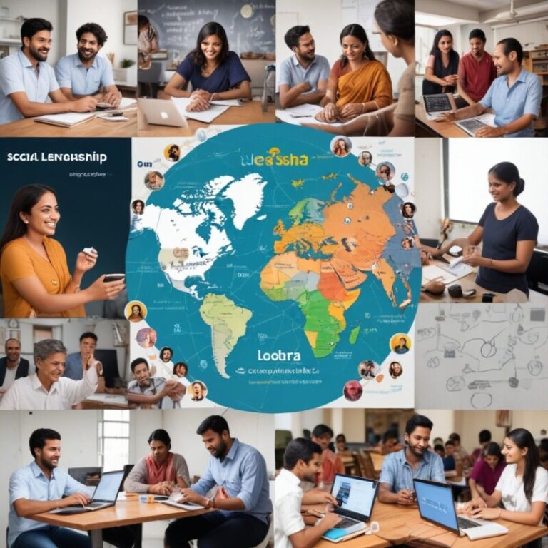 image showcasing social entrepreneurship in India. Include diverse individuals working in different sectors. Show them using technology, collaborating with local communities, and celebrating their positive impact.